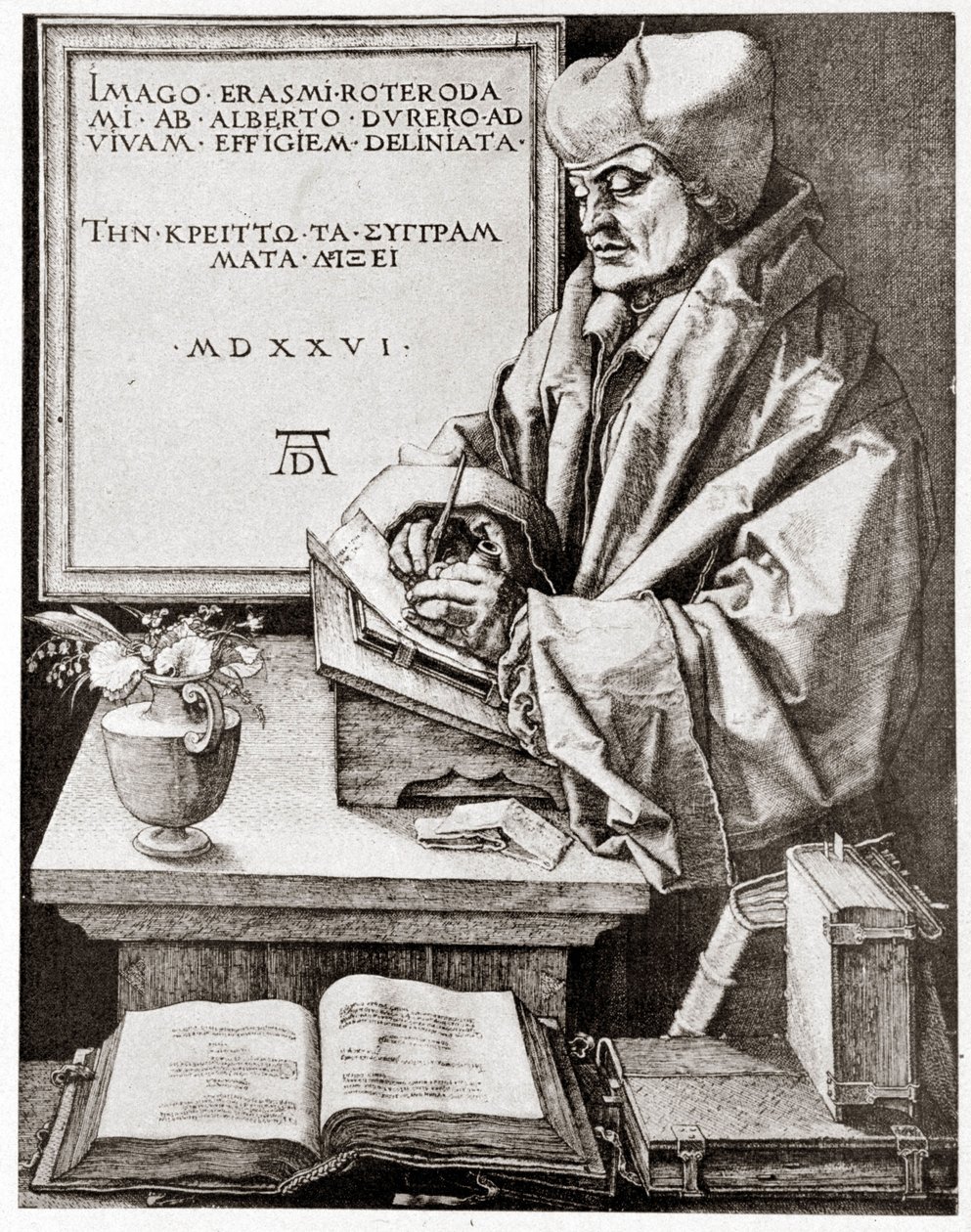 Erasma k jeho spisu - rytina Albrechta Durera reprodukovaná na počátku 20. století. od Albrecht Dürer