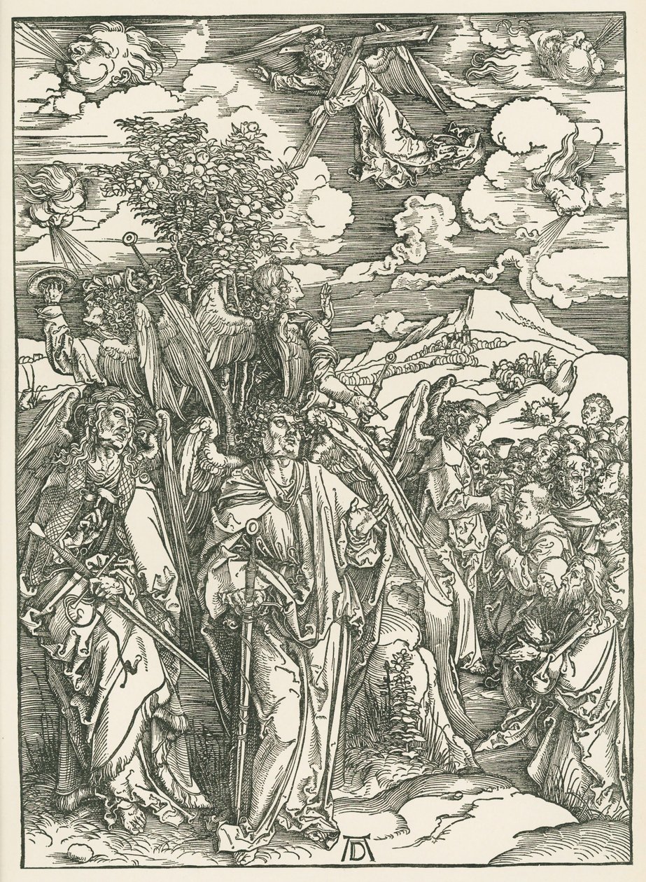 Čtyři andělé zastavující vítr a podpis vyvolených. Zjevení svatého Jana, asi 1497-98 (dřevoryt) od Albrecht Dürer or Duerer