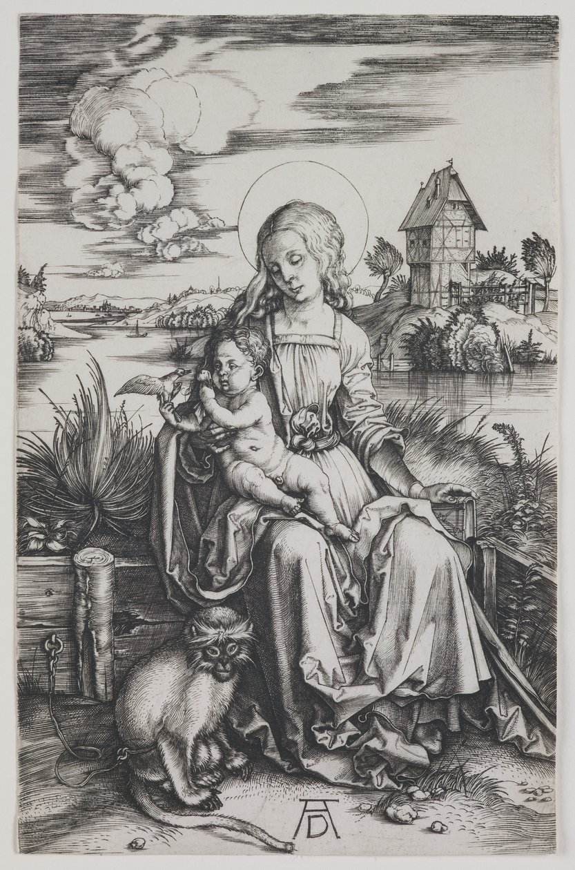 Madona s opicí, asi 1498 (rytina) od Albrecht Dürer or Duerer