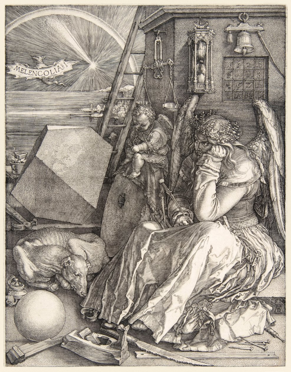 Melencolia I od Albrechta Dürera (1471-1528) na jeho 3 mistrovských rytinách dokončených v roce 1514. od Albrecht Dürer