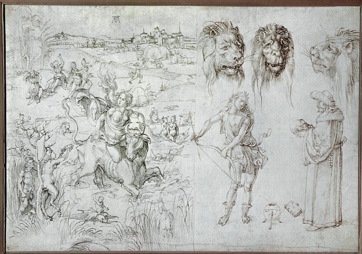 Znásilnění Evropy, lví hlavy, lučištník, šalvěj, lebka (kresba) od Albrecht Dürer or Duerer
