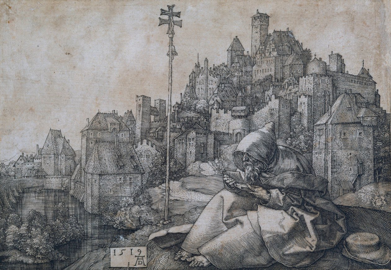 Svatý Antonín sedící před městem - mědirytina od Albrechta Durera (1471-1528) od Albrecht Dürer