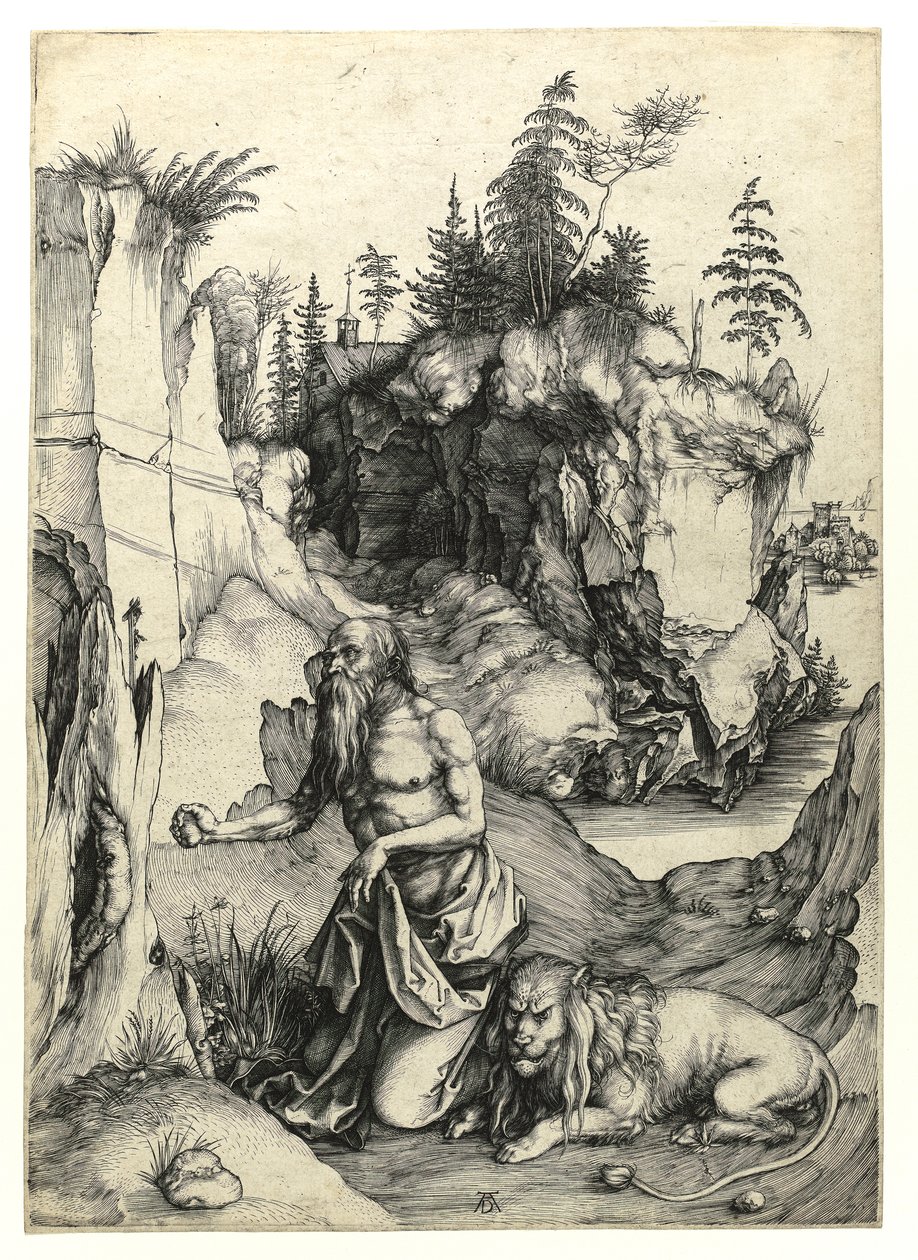 Saint Jerome kajícník, c.1497 (rytina Burin) od Albrecht Dürer