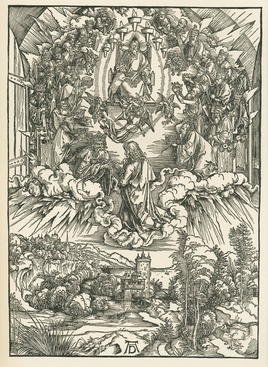 Svatý Jan před Bohem a čtyřiadvaceti staršími v nebi. Zjevení svatého Jana, kolem roku 1496 (dřevoryt) od Albrecht Dürer or Duerer