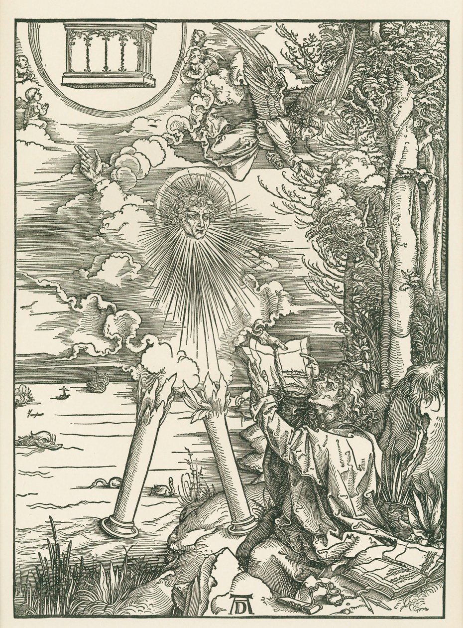 Svatý Jan požírá knihu darovanou andělem. Zjevení svatého Jana, asi 1498 (dřevoryt) od Albrecht Dürer or Duerer
