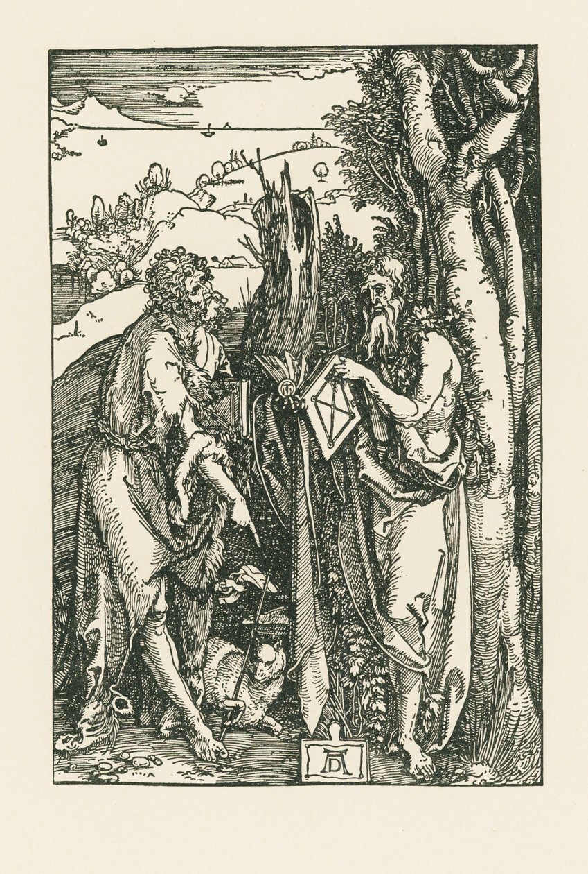 Svatý Jan Křtitel a svatý Onofrius, asi 1503-04 (dřevoryt) od Albrecht Dürer or Duerer