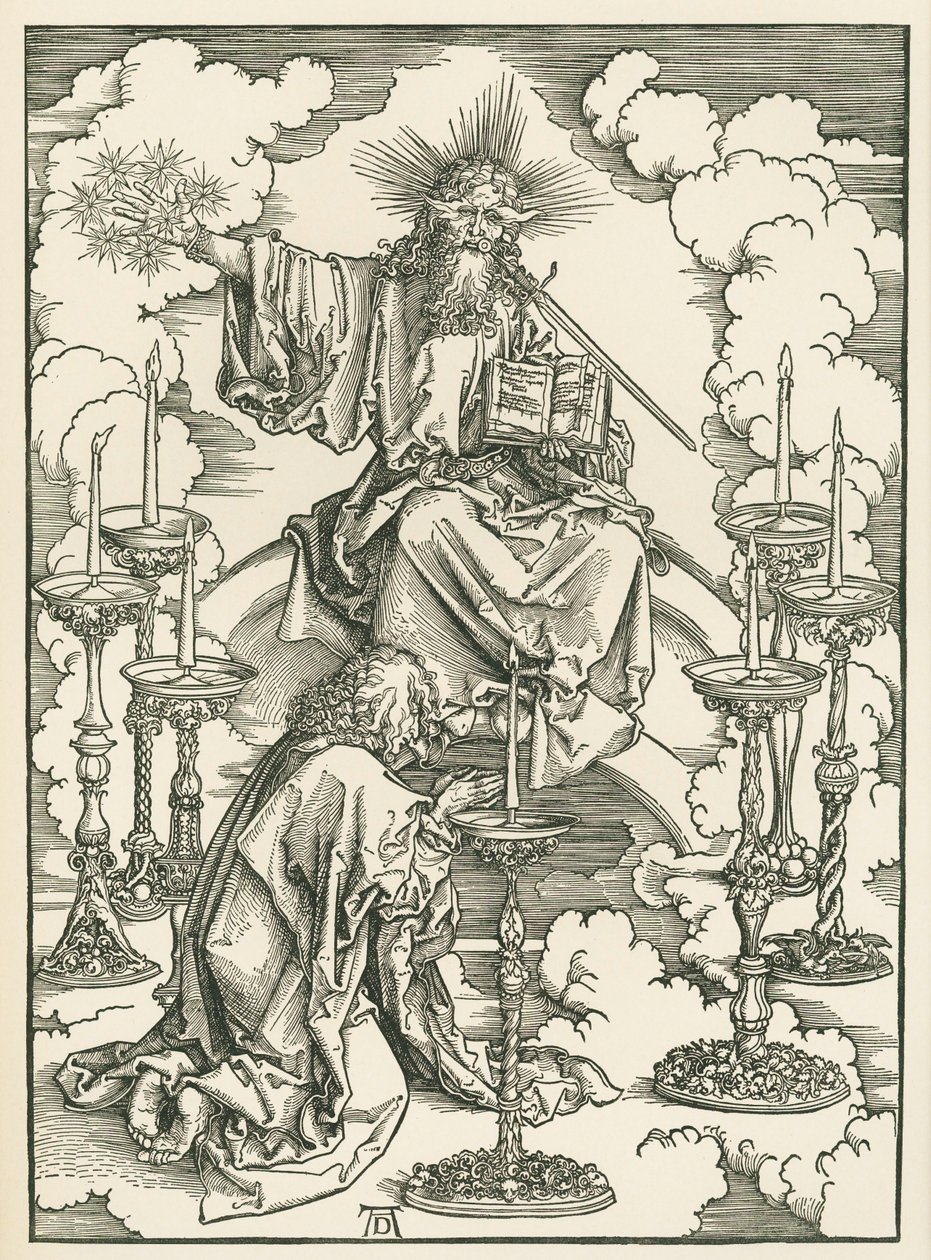 Vize svatého Jana o Kristu a sedmi svícnech. Zjevení svatého Jana Božského, asi 1496-98 (dřevoryt) od Albrecht Dürer or Duerer
