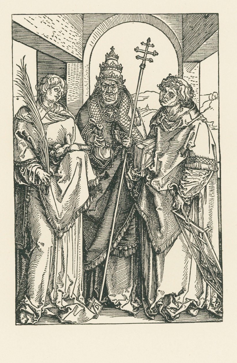 Svatí Štěpán, Sixtus a Vavřinec, asi 1504-05 (dřevoryt) od Albrecht Dürer or Duerer