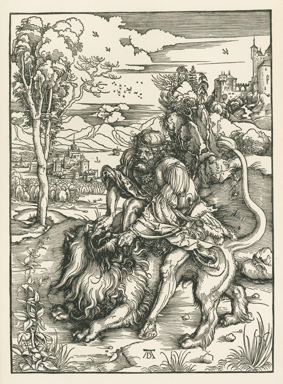 Samson zabíjí lva, asi 1497-98 (dřevoryt) od Albrecht Dürer or Duerer