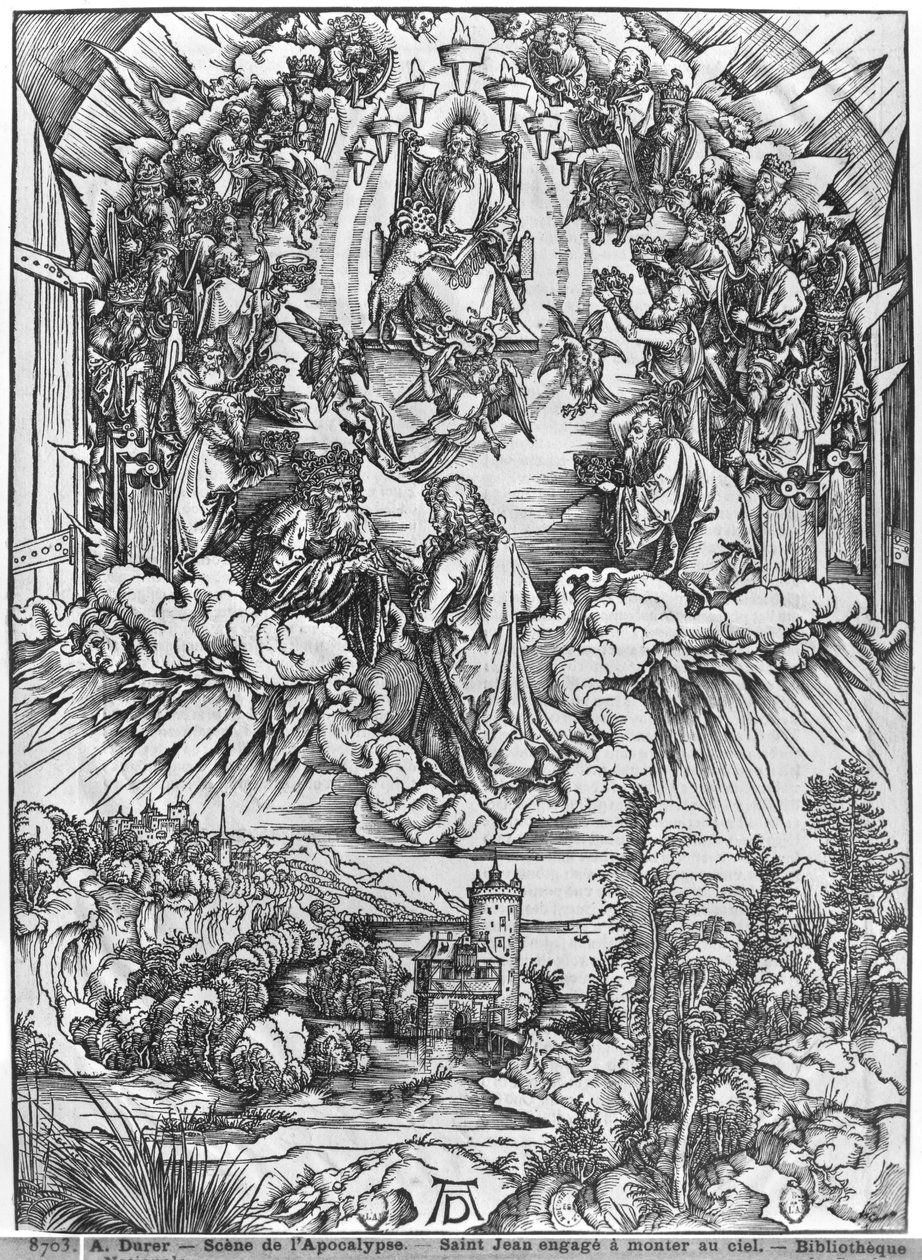 Scéna z Apokalypsy, svatý Jan před Bohem Otcem a čtyřiadvaceti staršími, německé vydání od Albrecht Dürer