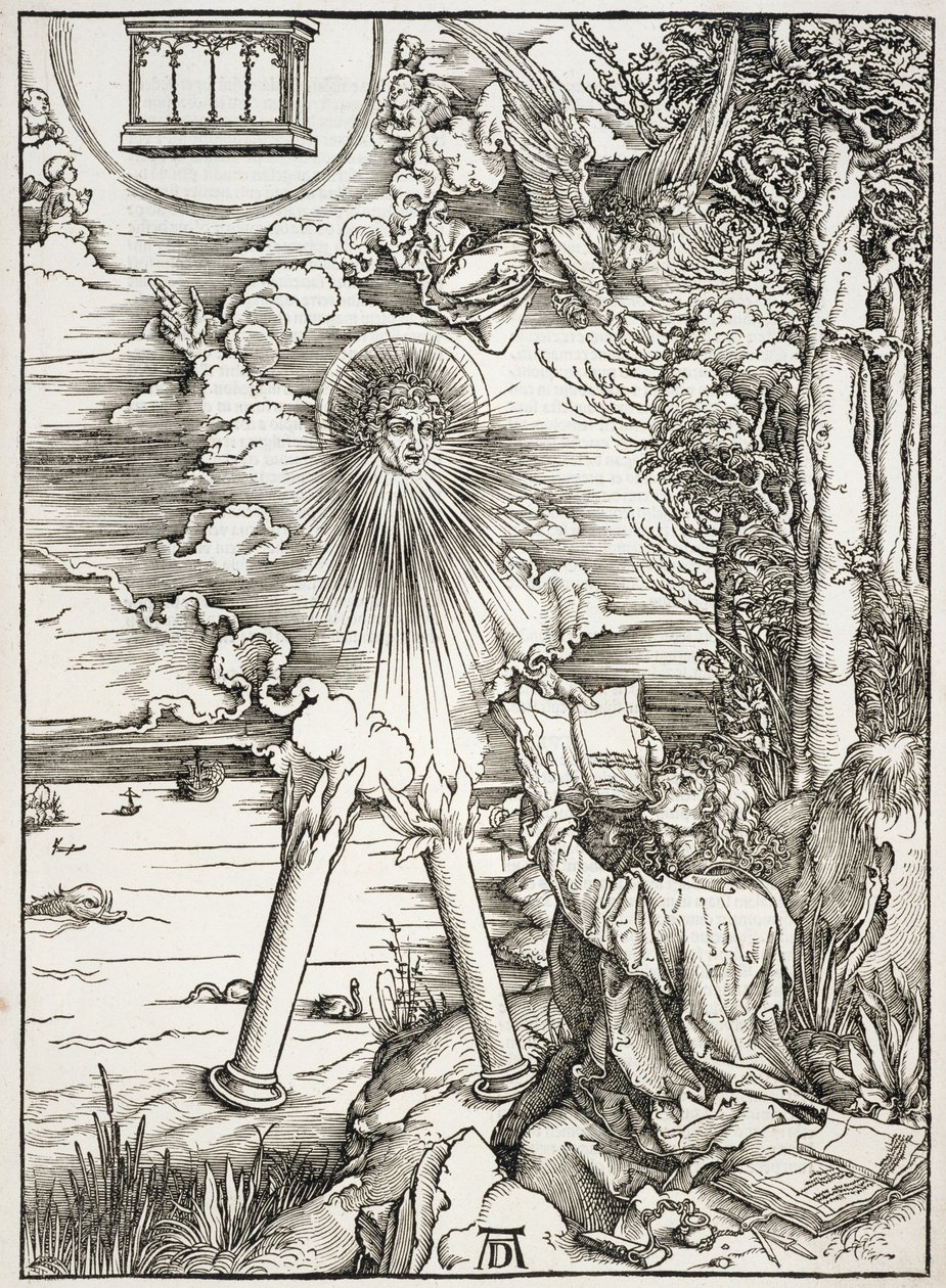Scéna z Apokalypsy, sv. Jan požírající knihu, latinské vydání od Albrecht Dürer