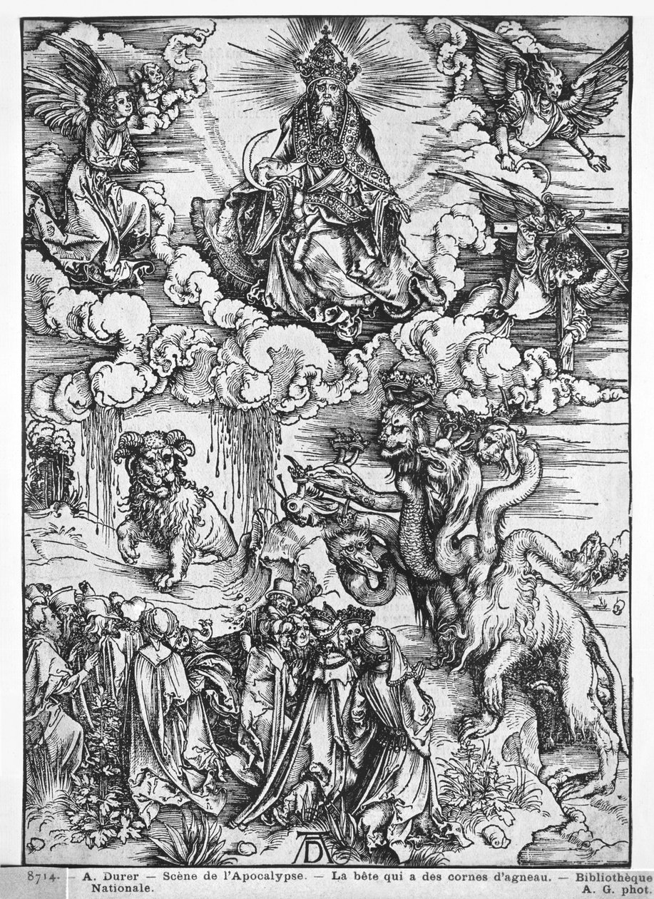 Scéna z Apokalypsy, Sedmihlavý a desetirohý drak (dřevořez) (č/b foto) od Albrecht Dürer