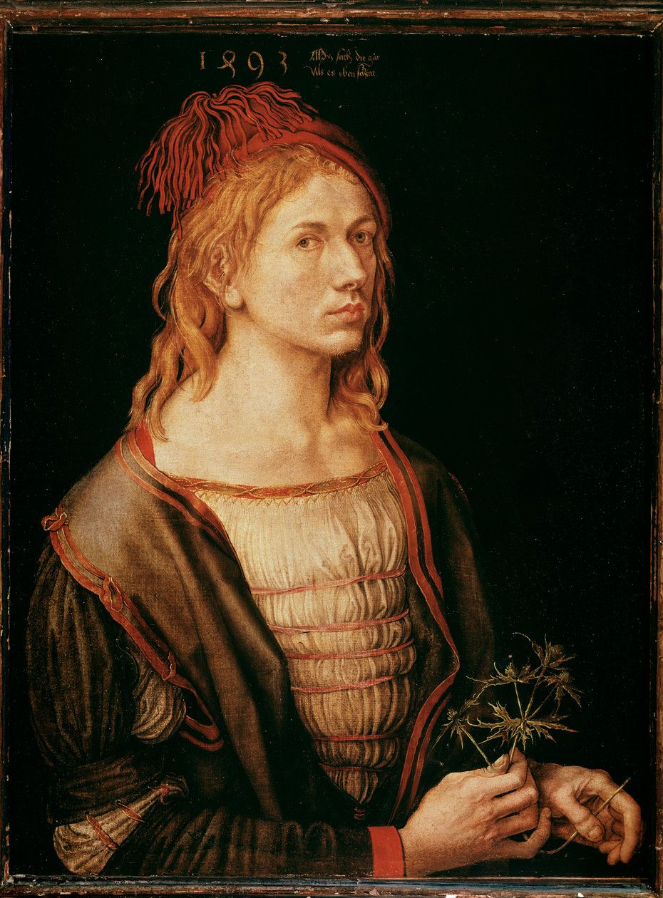 Autoportrét s bodlákem (malba, pergamenové lepidlo na plátně od Albrecht Dürer