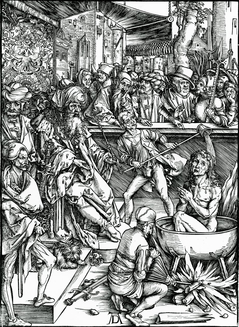 Svatý Jan Evangelista je mučen v kádi s vroucím olejem ze série „Apokalypsa“ od Albrecht Dürer