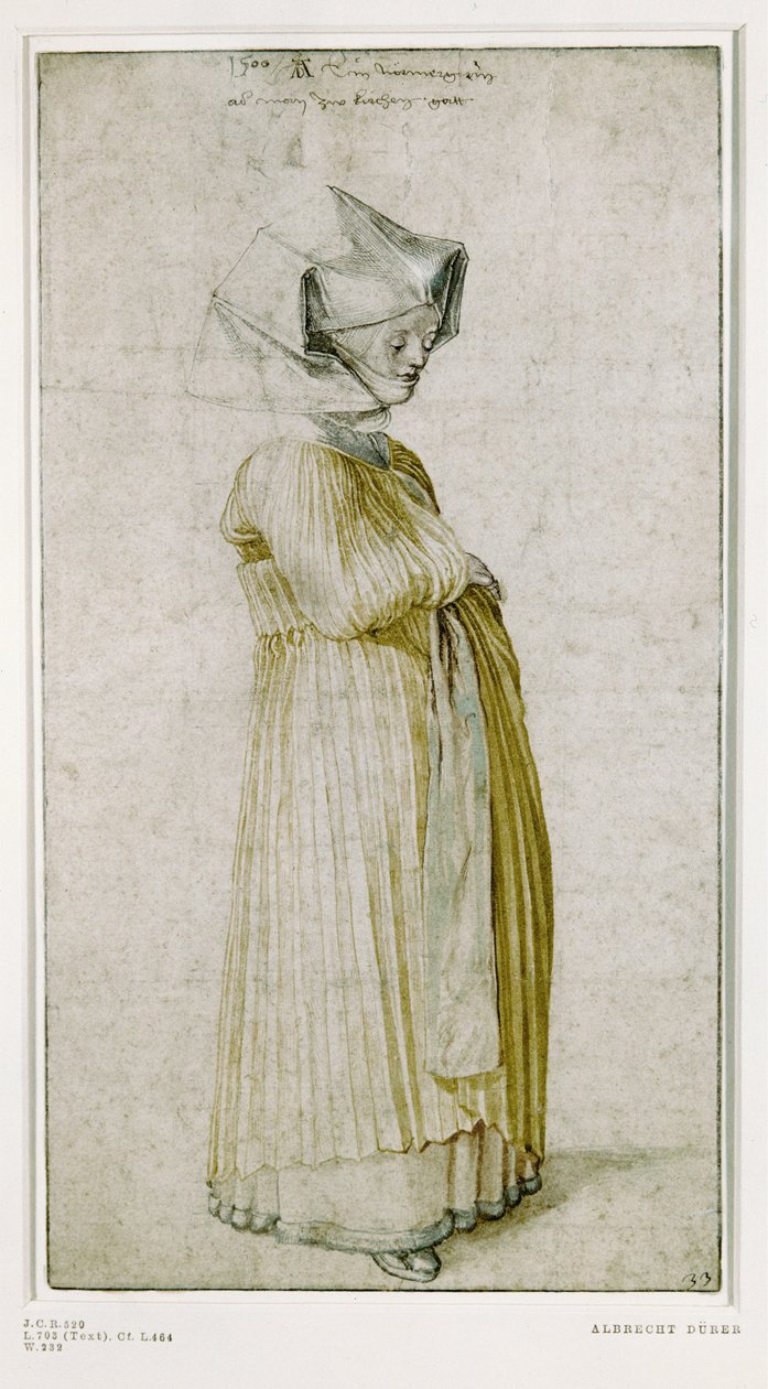 Studie ženského kostýmu (kolorovaná kresba) od Albrecht Dürer or Duerer