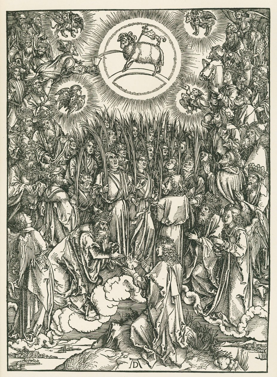 Klanění Beránkovi a Hymnus vyvolených. Zjevení svatého Jana, asi 1496-97 (dřevoryt) od Albrecht Dürer or Duerer