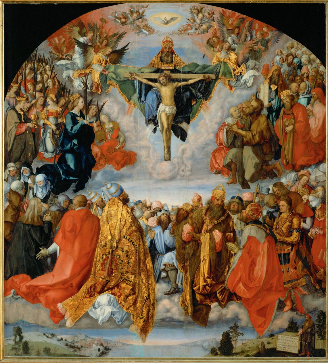 Klanění Trojici s Duererovým autoportrétem vpravo dole (olej na topolovém dřevě) od Albrecht Dürer or Duerer