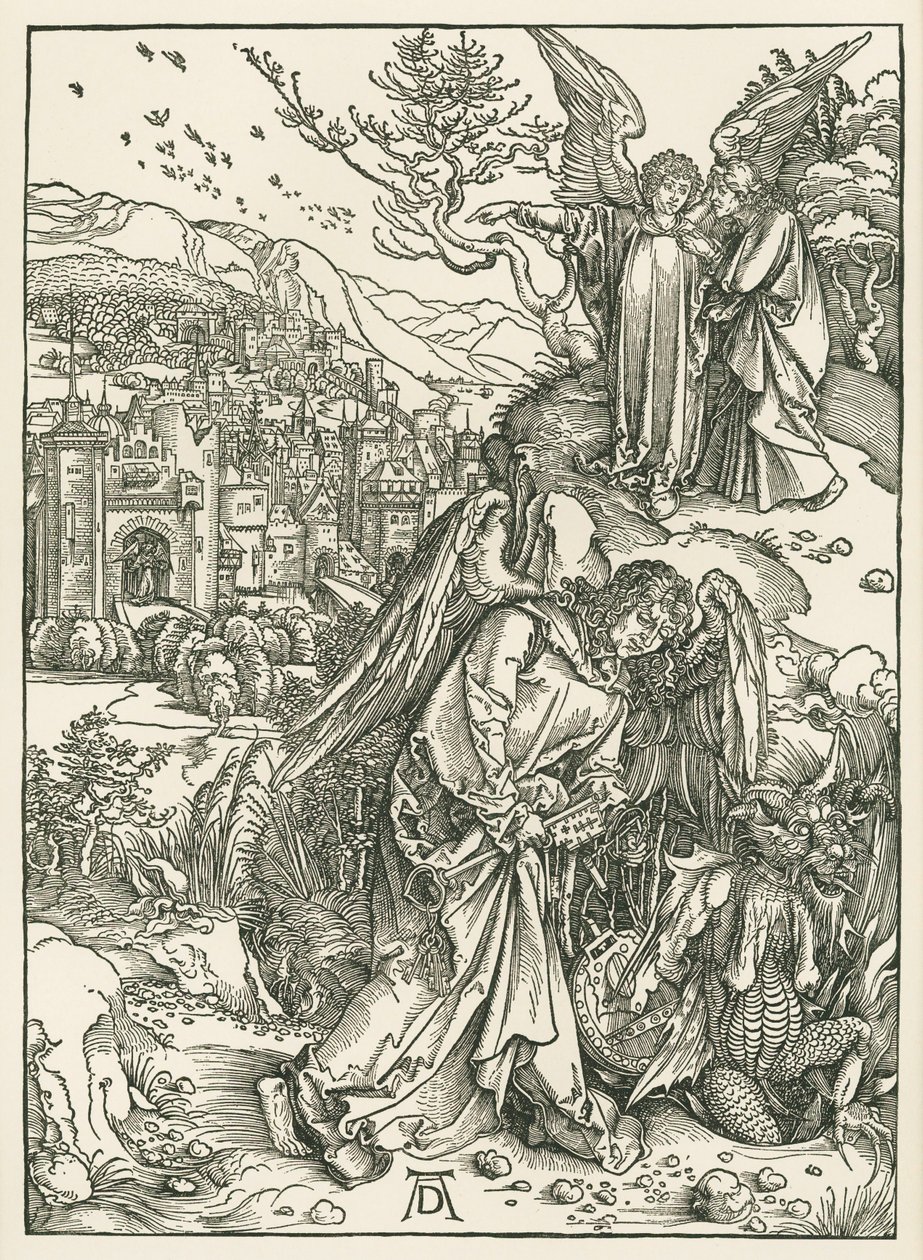 Anděl s klíčem svrhávající draka do propasti a jiný anděl ukazující svatému Janu Nový Jeruzalém, asi 1497-98 (dřevoryt) od Albrecht Dürer or Duerer