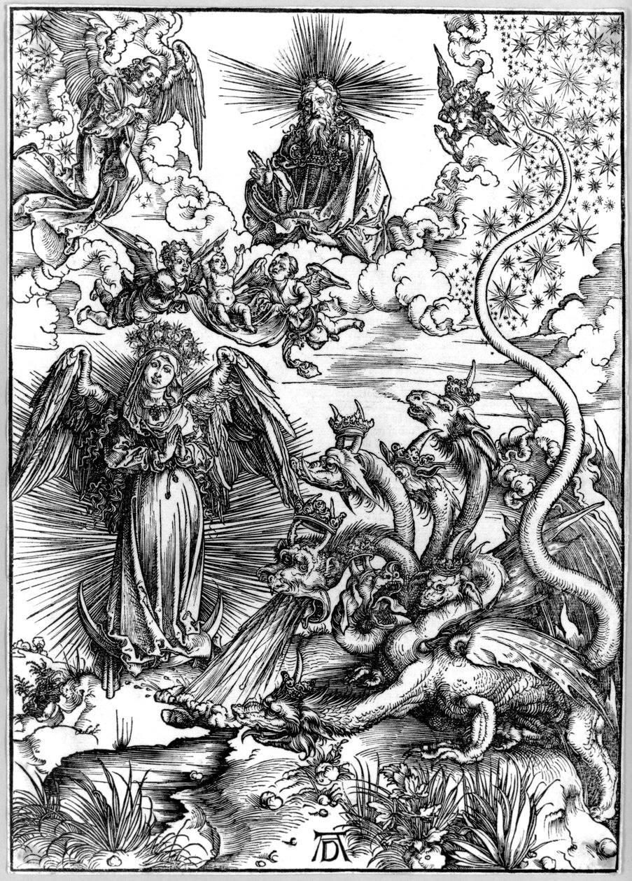 Apokalyptická žena aneb Žena oděná sluncem a sedmihlavým drakem, z Apokalypsy aneb Zjevení sv. od Albrecht Dürer