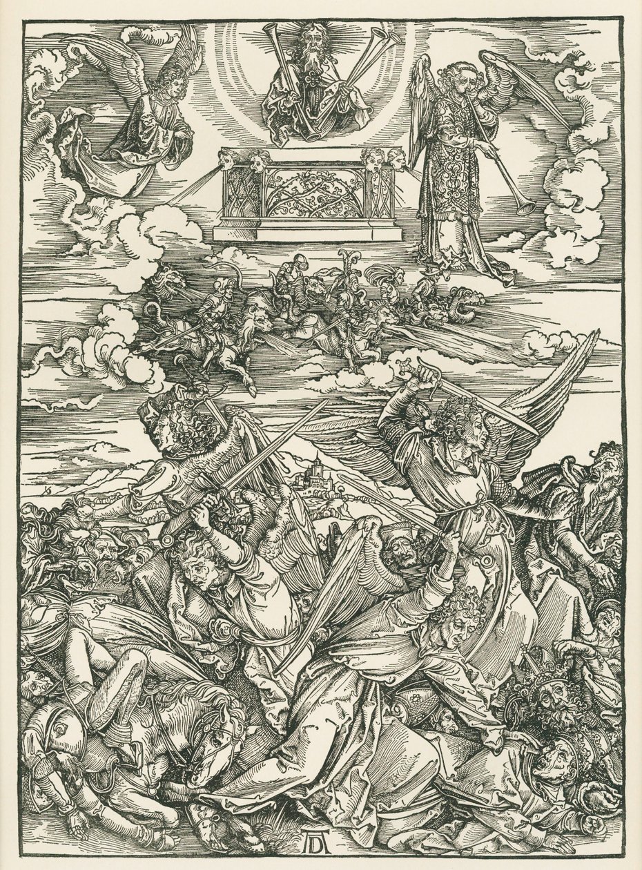 Bitva andělů. Zjevení svatého Jana, asi 1496-98 (dřevoryt) od Albrecht Dürer or Duerer