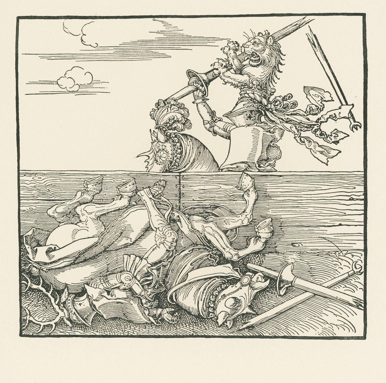 Zahraniční turnaj. Maxmilián zvedá ze sedla svého soupeře Jacopa de Heri, asi 1517-18 (dřevoryt) od Albrecht Dürer or Duerer