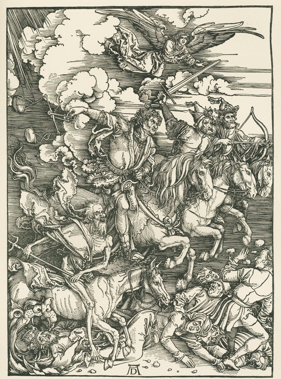 Čtyři jezdci apokalypsy. Zjevení svatého Jana, asi 1497-98 (dřevoryt) od Albrecht Dürer or Duerer