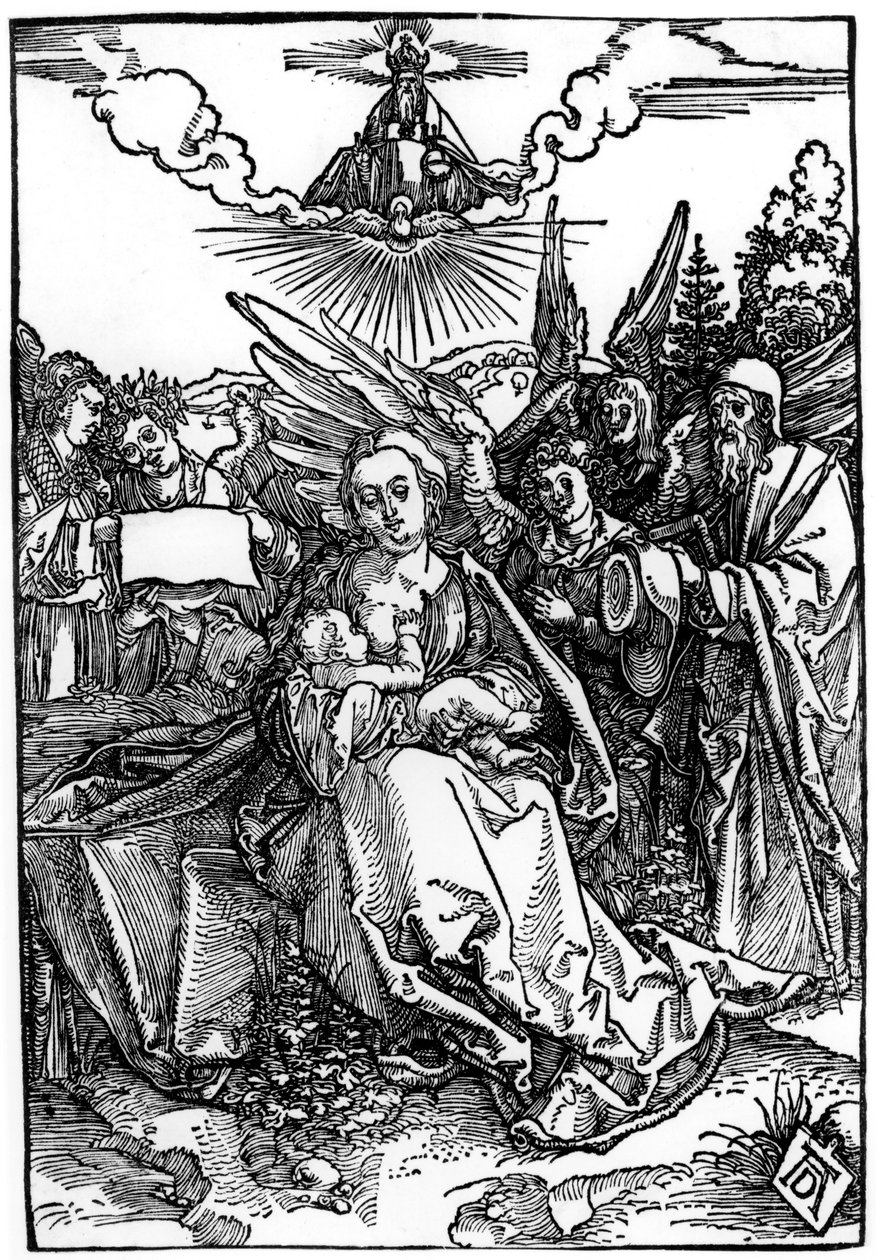 Svatá rodina s pěti anděly, kolem 1504 (dřevořez) od Albrecht Dürer