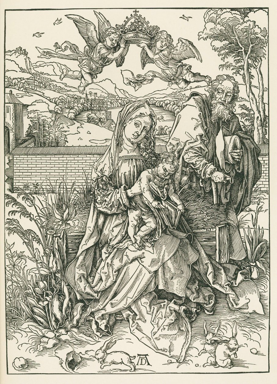 Svatá rodina se třemi zajíci, asi 1497 (dřevoryt) od Albrecht Dürer or Duerer