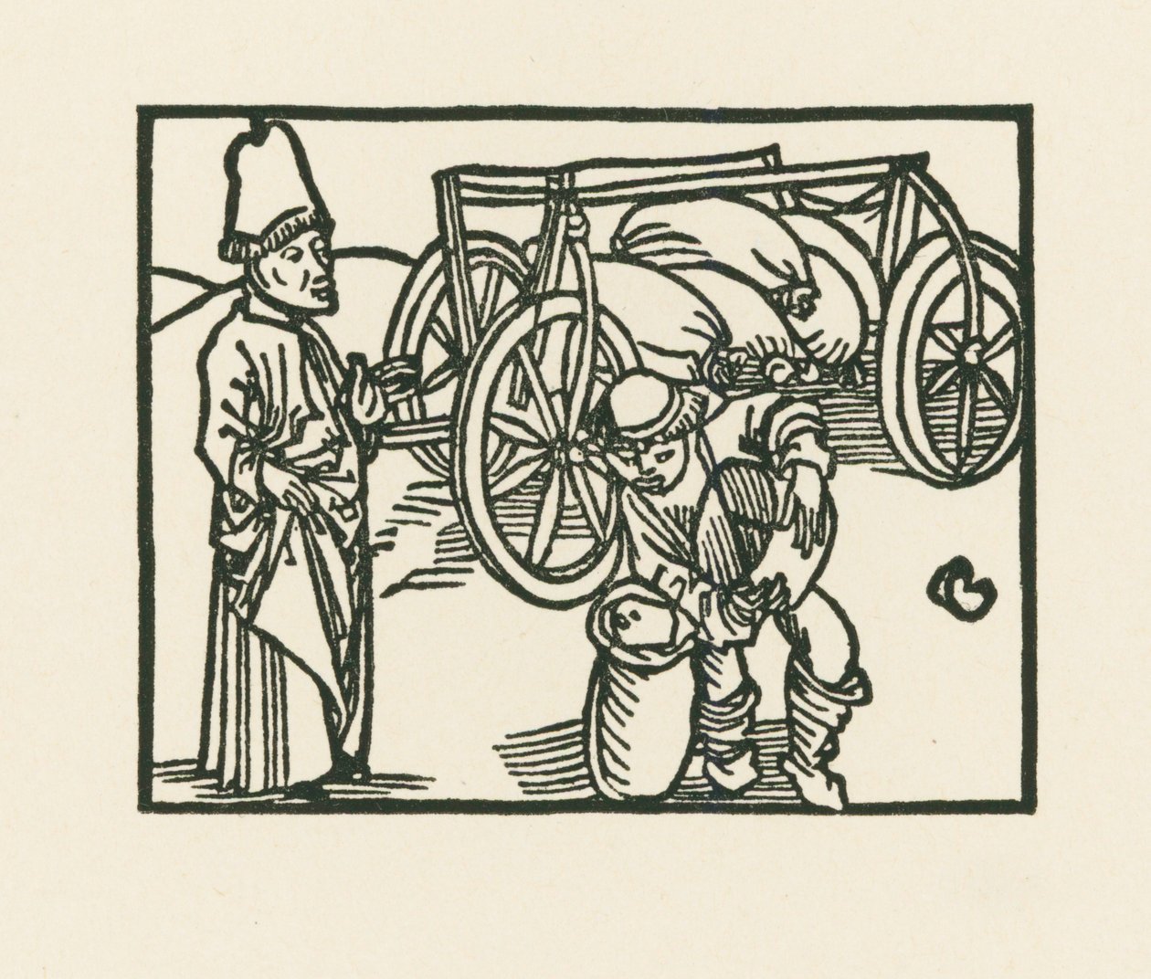 Kněz má na voze pytel a nakládá do něj oves, asi 1489-90 (dřevoryt) od Albrecht Dürer or Duerer