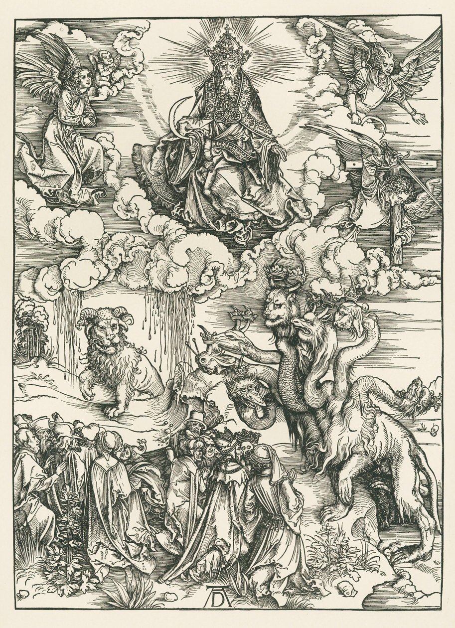 Mořská příšera a šelma s beránčími rohy. Zjevení svatého Jana, asi 1496-97 (dřevoryt) od Albrecht Dürer or Duerer