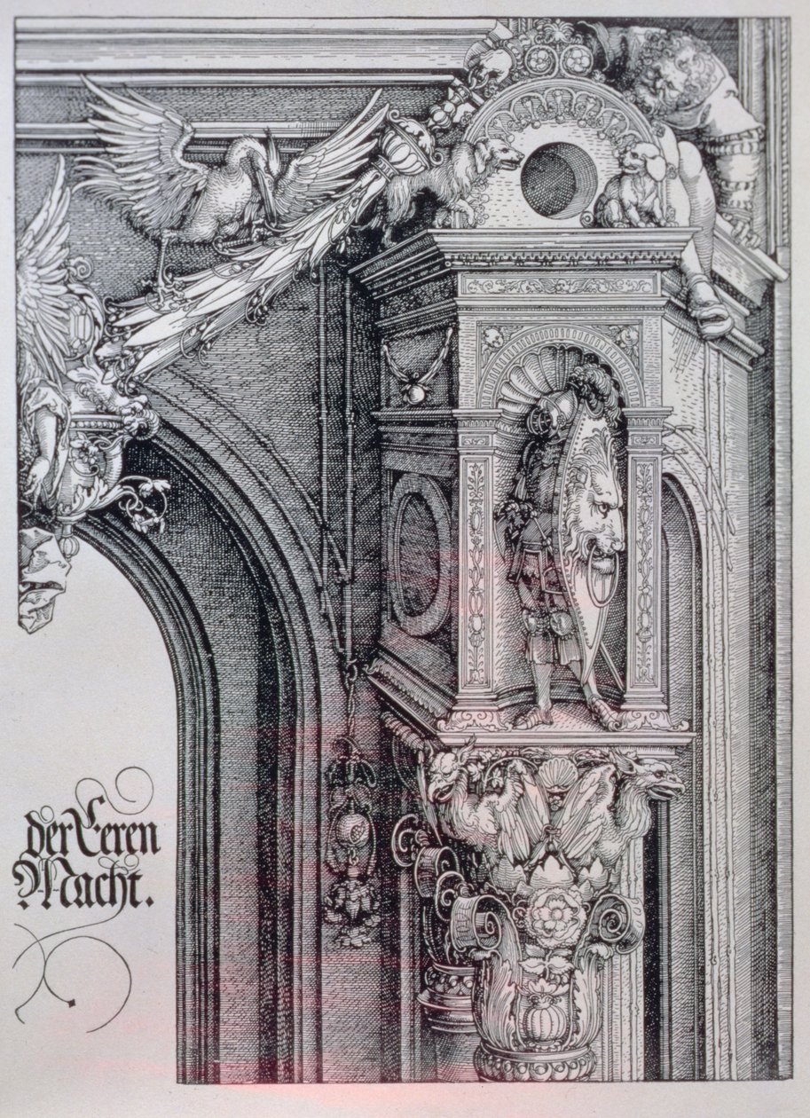 Triumfální oblouk císaře Maxmiliána I. (1459-1519): detail centrálního oblouku (Brána cti a moci) znázorňující listový a oživený sloupový hlavici podpírající rytíře stojícího v architektonickém výklenku, postavu držící jednu stranu visící kartuše od Albrecht Dürer