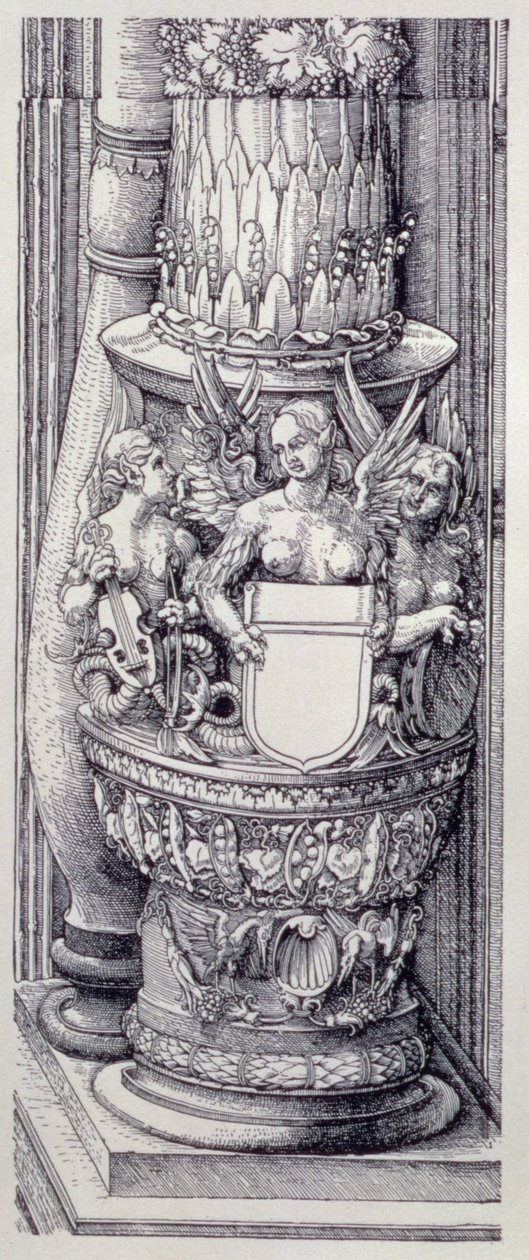 Triumfální oblouk německého císaře Maxmiliána I. (1459-1519): detail centrální Brány cti a moci, levá sloupová základna zdobená pásy listoví a okřídlenými ženskými gryfy, datováno 1515, pub. 1517/18 (dřevořez) od Albrecht Dürer