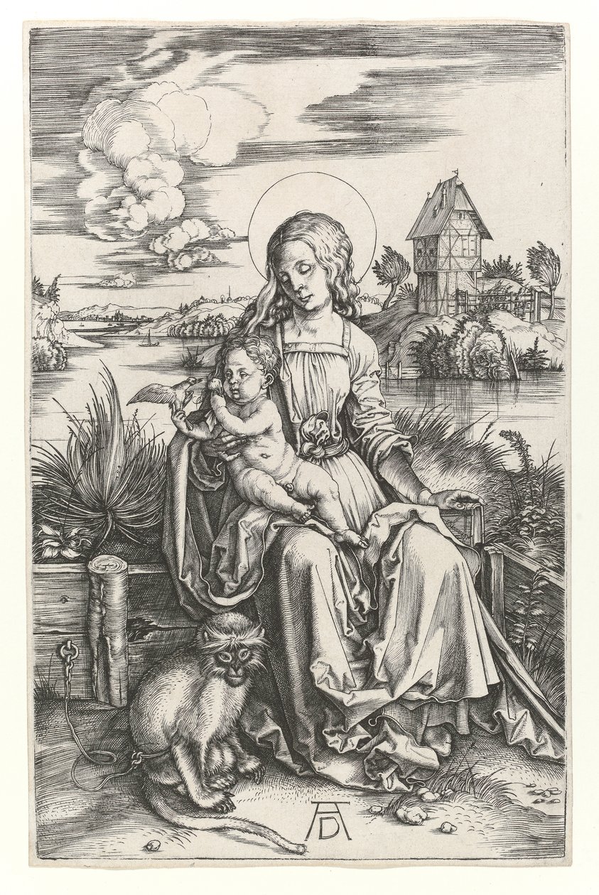 Panna s opicí, kolem 1498 (rytina Burin) od Albrecht Dürer