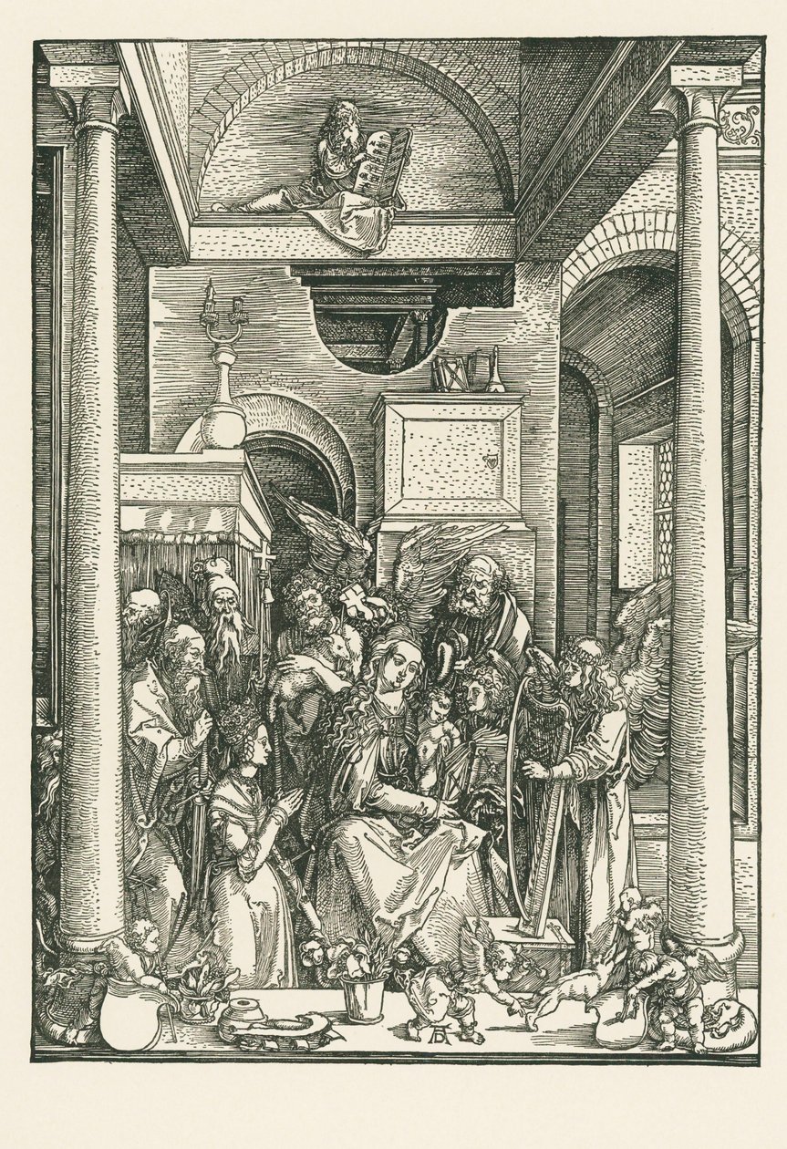 Panna Maria uctívaná anděly a světci, asi 1502 (dřevoryt) od Albrecht Dürer or Duerer