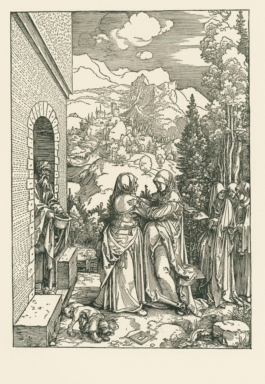Navštívení - Svatá Marie navštěvuje svatou Alžbětu, asi 1503-04 (dřevoryt) od Albrecht Dürer or Duerer