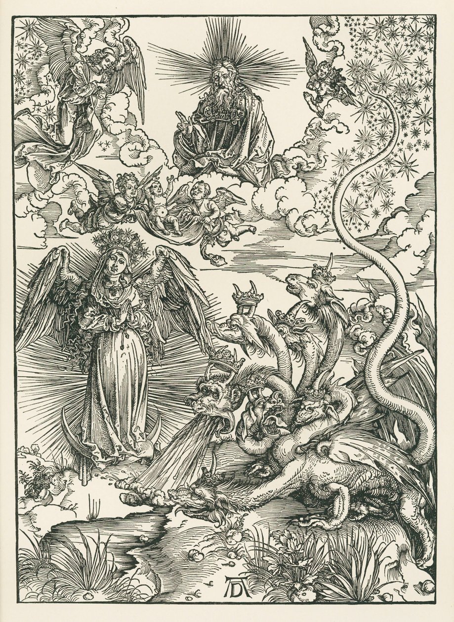 Žena oděná sluncem a sedmihlavý drak. Zjevení svatého Jana, asi 1497 (dřevoryt) od Albrecht Dürer or Duerer