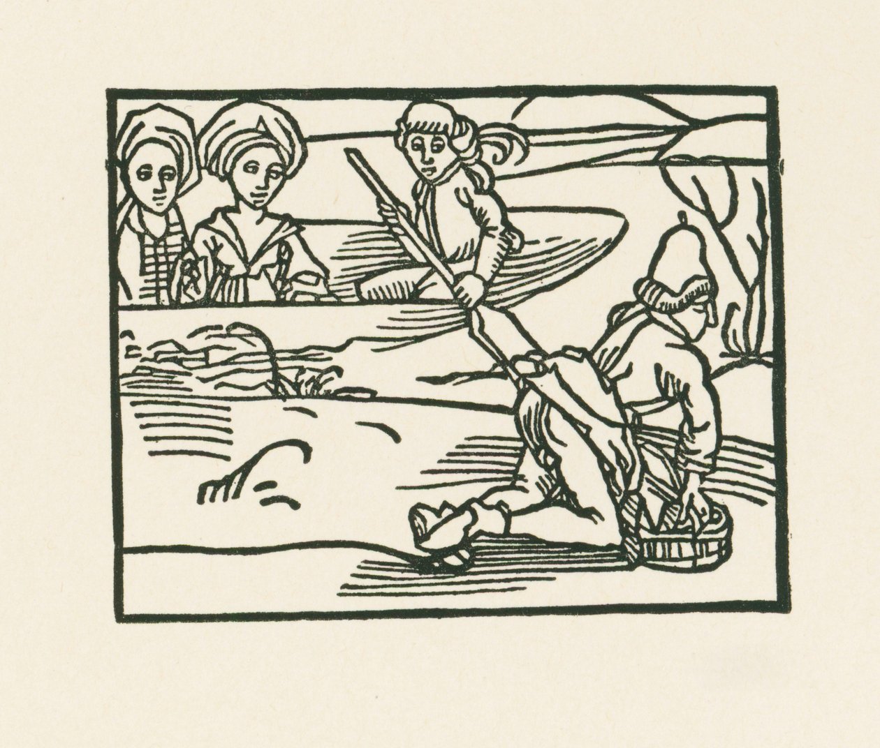 Vévodkyně je v loďce na vodě, kde si kněz pere spodní prádlo, asi 1489-90 (dřevoryt) od Albrecht Dürer or Duerer