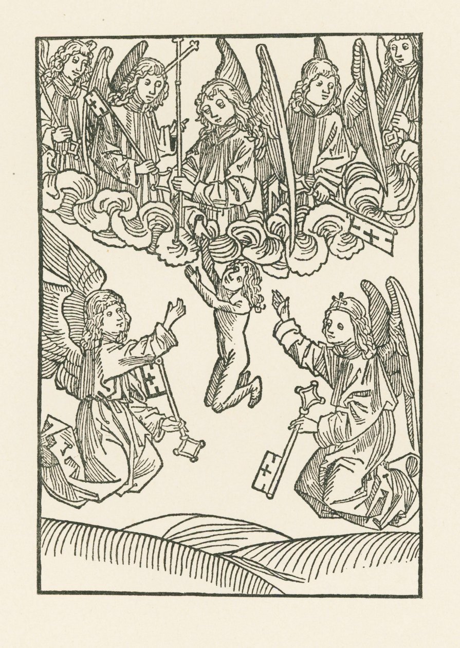 Sedm andělů s křížem a šesti klíči, kterými otevřeli nebe šesti skutkům milosrdenství, přijímá duši do nebe. od Albrecht Dürer or Duerer