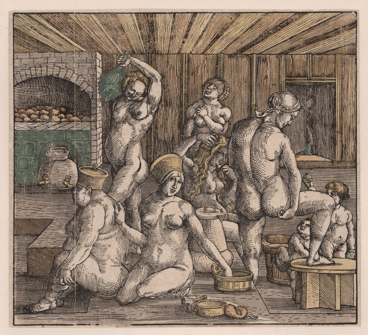 Dámské lázně, Duerer, Albrecht (1471-1528). Dřevoryt, akvarel, c. 1500. Rozměry: 21,8x23,9 cm. Soukromá sbírka od Albrecht Dürer