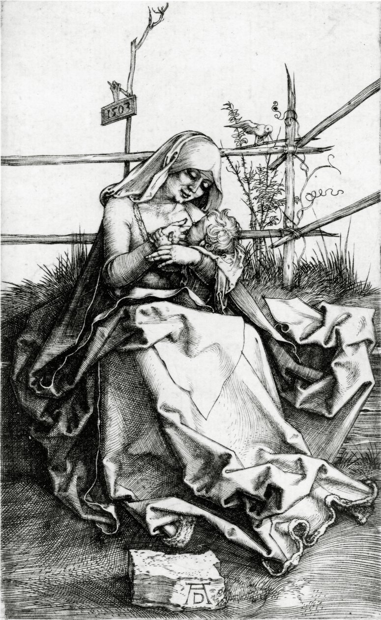 Panna a dítě sedí na lavičce v trávě od Albrecht Dürer
