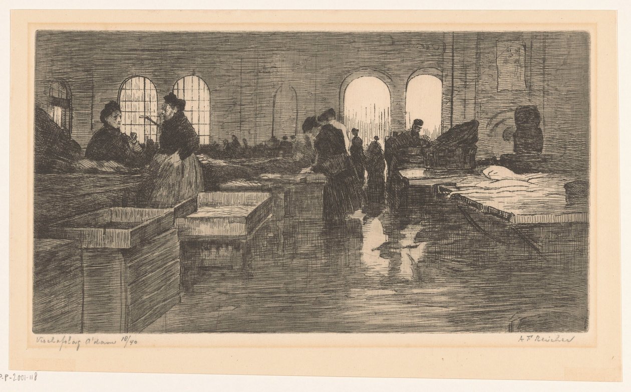 Interiér Vismarkt na Nieuwmarkt v Amsterdamu Amsterodamská aukce ryb (původní název na objektu) od Albrecht Felix Reicher (signed by artist)
