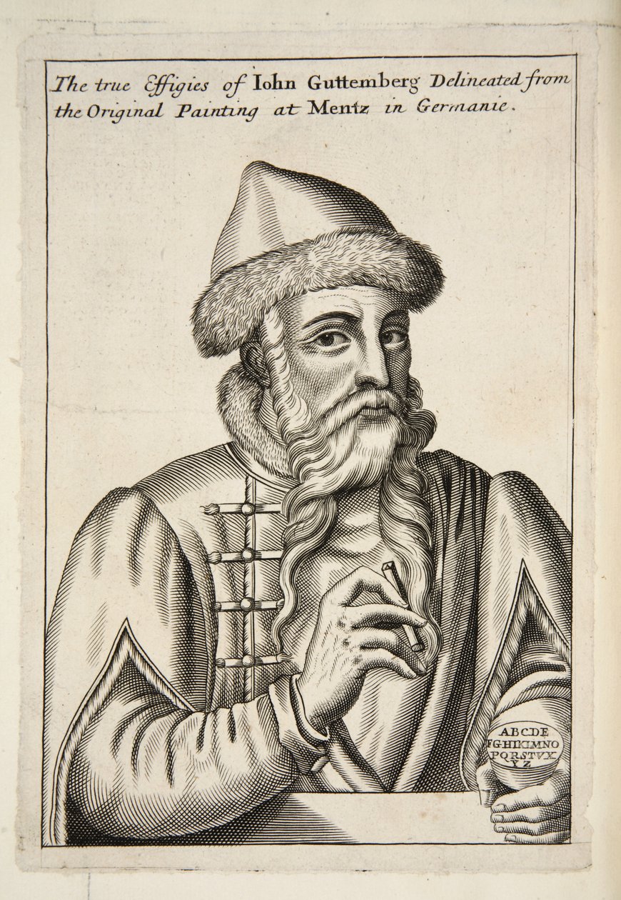 John Guttemberg, z Mechanick Exercises: or The Doctrine of Handy-Works application to the Art of Printing, pub. 1683 od Albrecht after Mentz