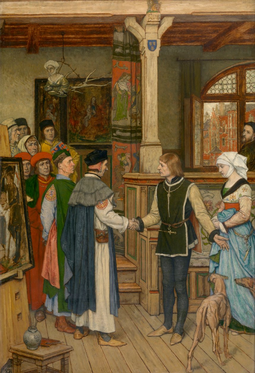 Smírčí soudci navštíví dílnu Jana van Eycka (olej na plátně) od Albrecht de Vriendt