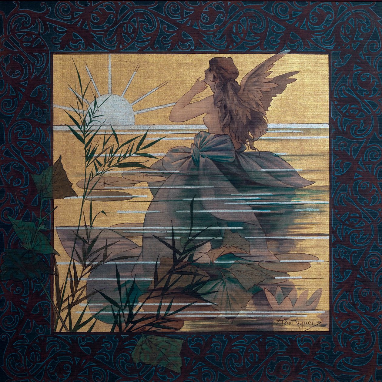 Kompozice s okřídlenou nymfou při východu slunce - obraz Alexandre de Riquer i Ynglada (1856-1920) od Alejandro de Riquer