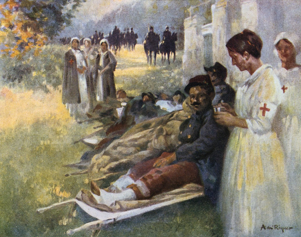 První pomoc“ : Zraněný voják a jeho ošetřovatelka na obvazové stanici během první světové války ve Francii od Alejandro de Riquer