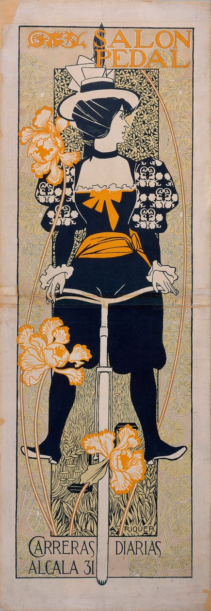 ""Salon Pedal"" Reklama na cyklistickou stezku v Malaze (Španělsko) - Litografie Alexandre de Riquer i Ynglada (1856-1920) od Alejandro de Riquer