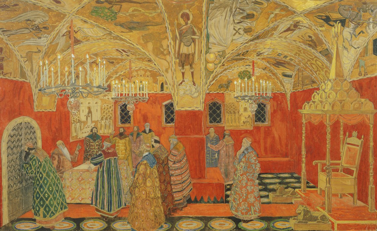 V Kremlu scéna z opery „Boris Godunov“ M. Musorgského od Aleksandr Jakovlevic Golovin