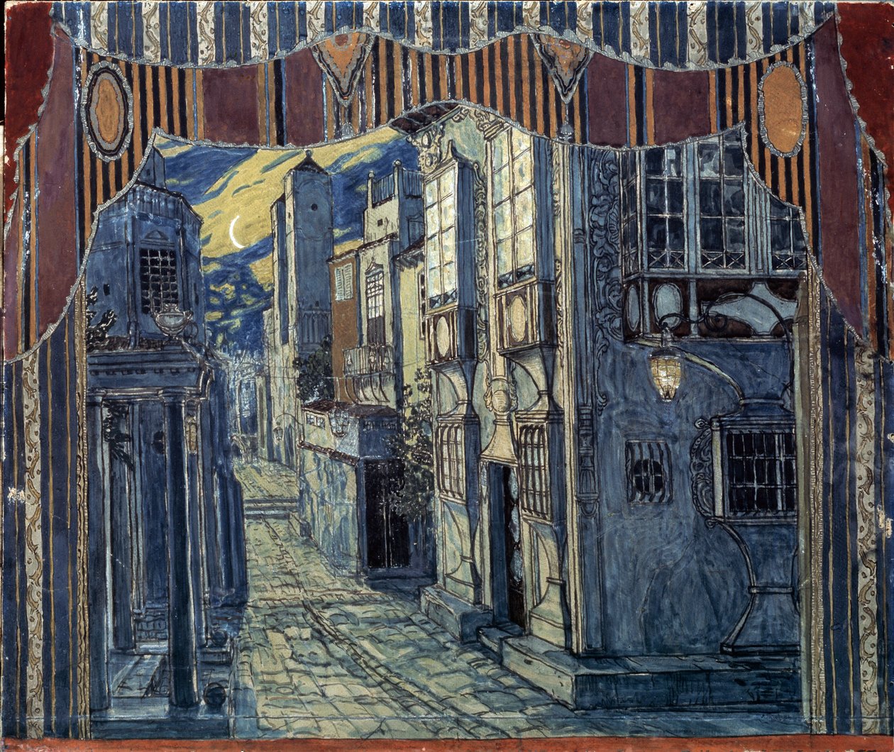 Scénografie pro Lazebník sevillský, Gioachino Rossini, 1924 od Aleksandr Jakovlevic Golovin