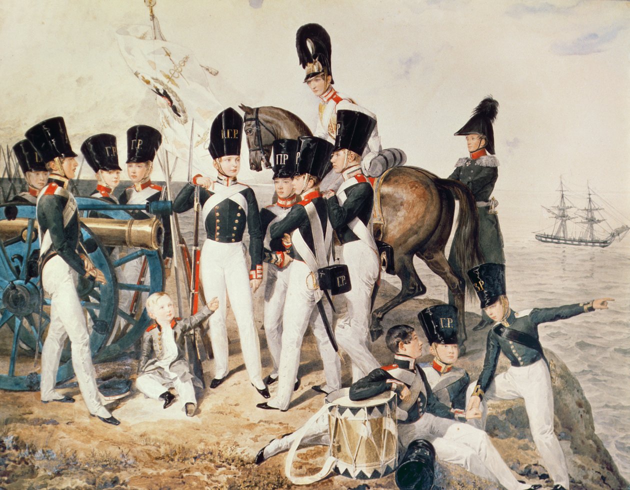 Carevič Alexander (1818-81) se svými kadety v Peterhofu, kolem roku 1823 od Aleksandr Pavlovich Bryullov