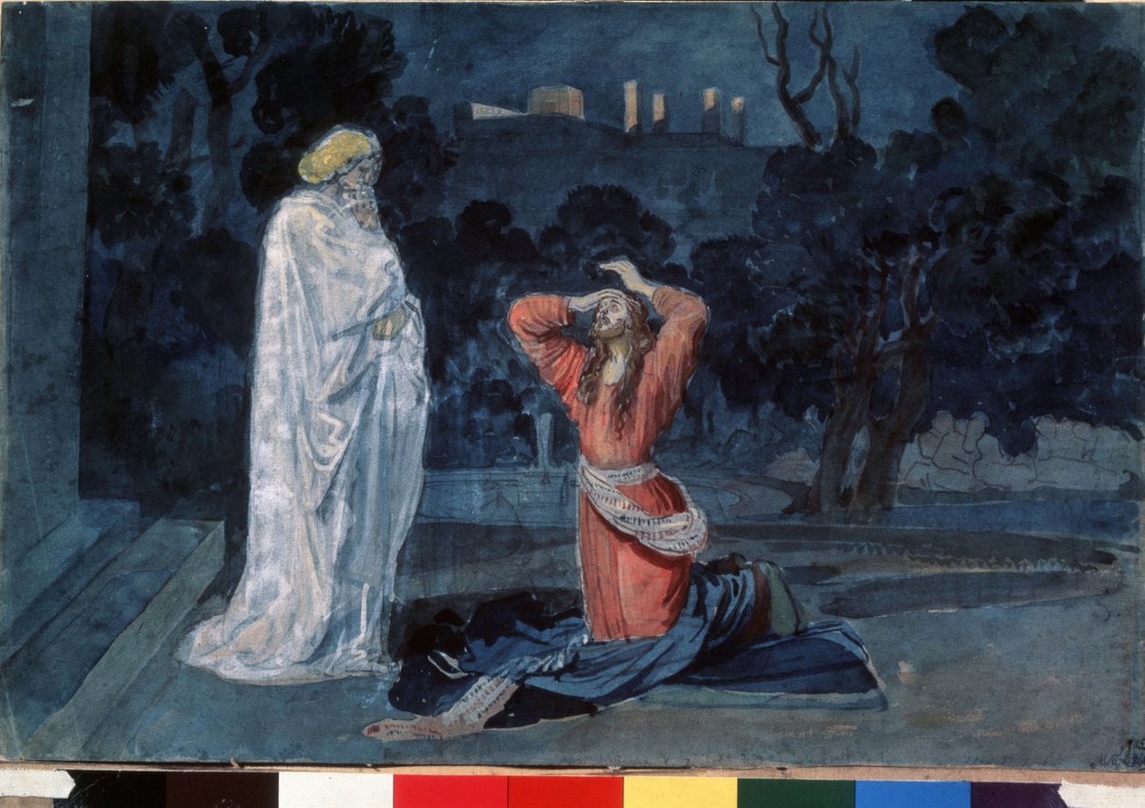 Ježíš v zahradě Olivetské (neboli zahradě Getsemanské) (Ježíš v zahradě Getsemanské). Dílo Alexandra Andrejeviče Ivanova (1806-1858), akvarel na papíře, kolem roku 1840. Ruské umění 19. století. Státní Treťjakovská galerie, Moskva (Rusko). od Aleksandr Andreevich Ivanov